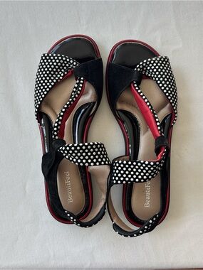 BeautiFeel Black & White Polka Dot Sandals with Red Trim